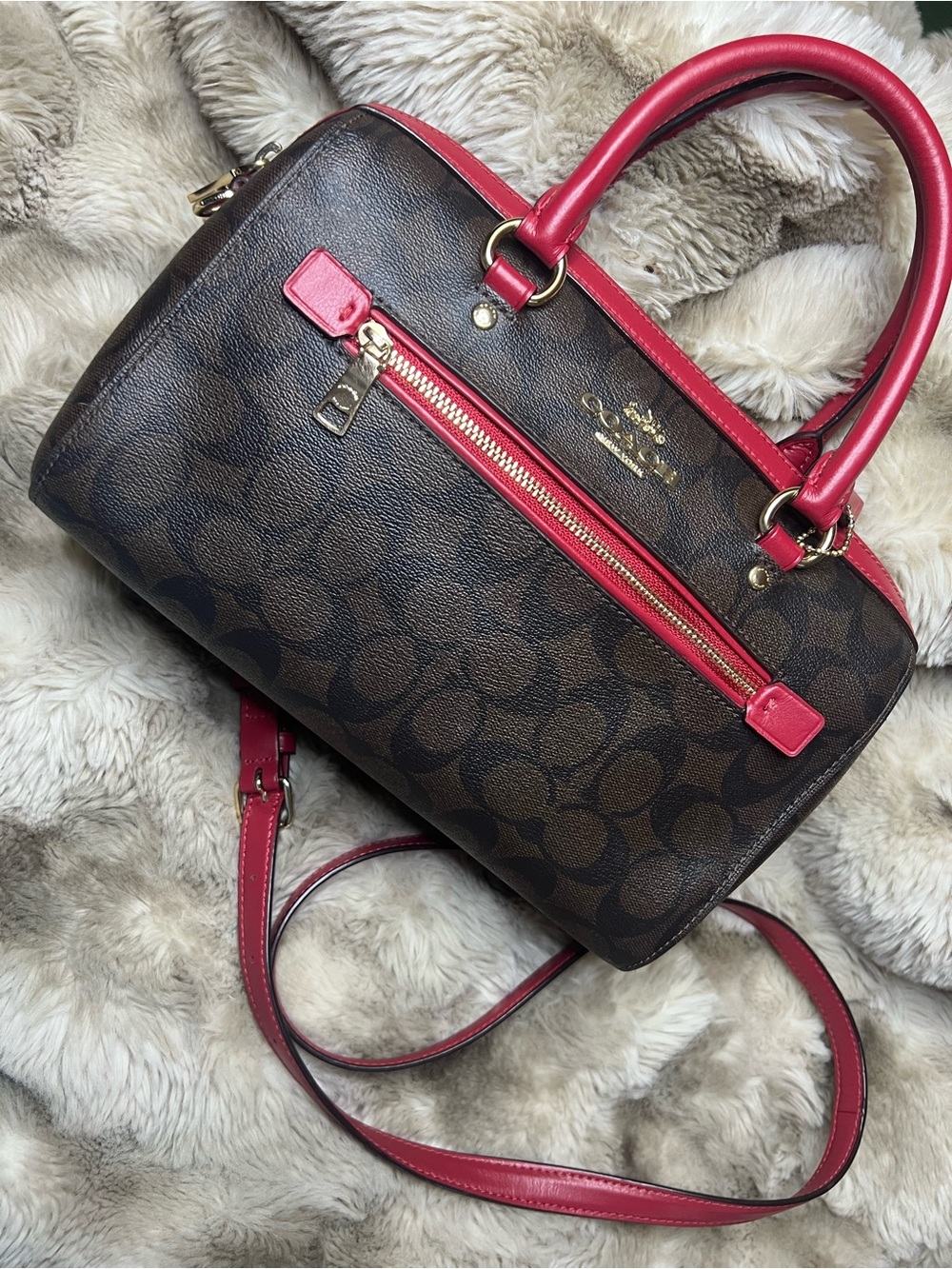 Coach Rowan Med Satchel Sig dark brown coated canvas w red trim (MSRP $398)